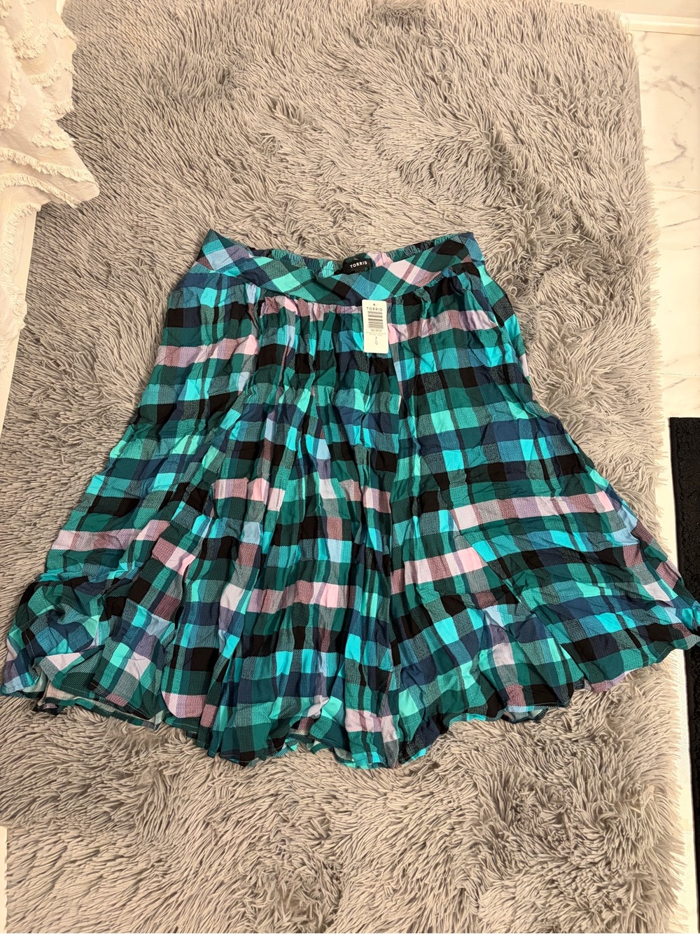 Torrid, Teal, Black & White Plaid Circle Midi Skirt